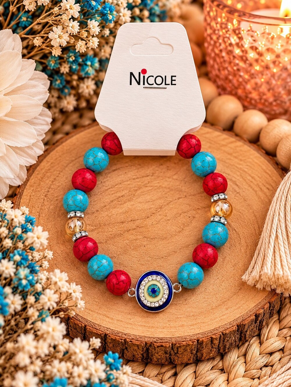 Red, Turquoise & Gold Beaded Bracelet with Evil Eye Charm